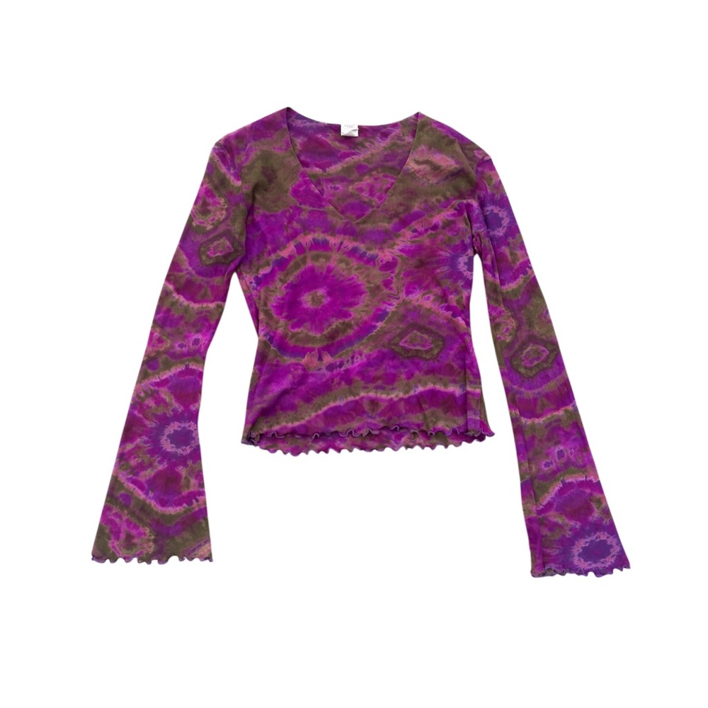 Sweet Pea Y2K Purple Brown Mesh Tie-Dye Long Sleeve Top